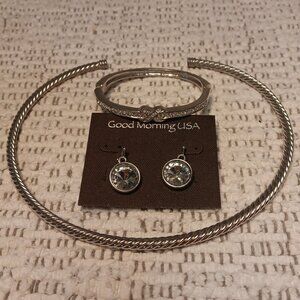 Lot of 3 silver tone / rhinestone fashion jewelry torque, bracelet, earrings